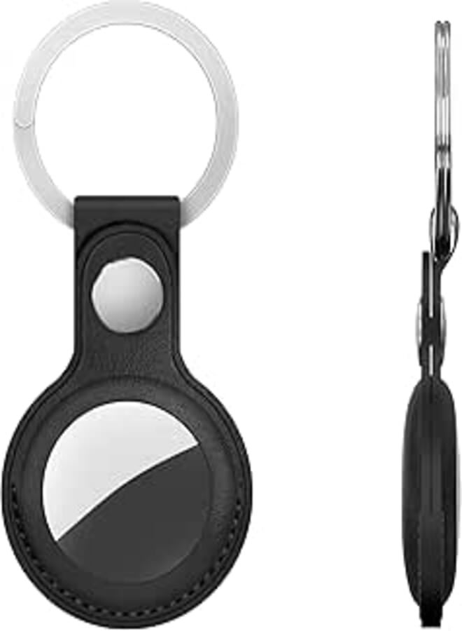 FYY Luxury Leather Case for AirTags, Lightweight Protective AirTags Holder with Keychain, Portable Anti-Scratch Anti-Lost Skin Cover for AirTag Finder Tracker Black